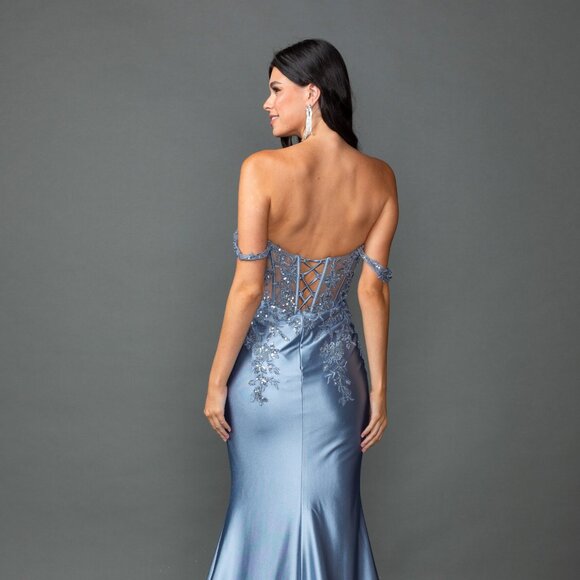 New Off Shoulder Maxi Prom Gown w/ Floral Lace Over Sheer Boned Bodice DQ 4540 - Picture 6 of 8